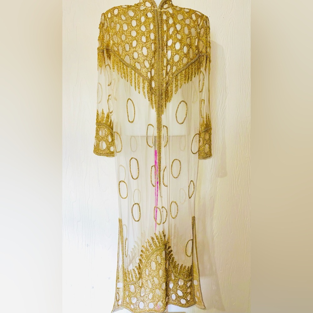 NWT Breathtaking Vtg Krishma Handmade Ivory & Gold Beads Embellished Net Duster